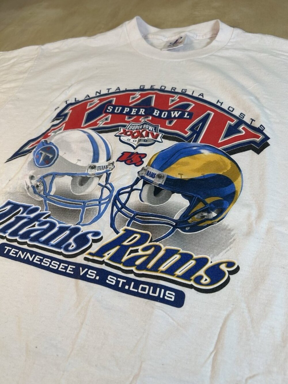 Vintage Super Bowl Rams vs Titans XL White Shirt XXXIV St Louis Tennessee 2000